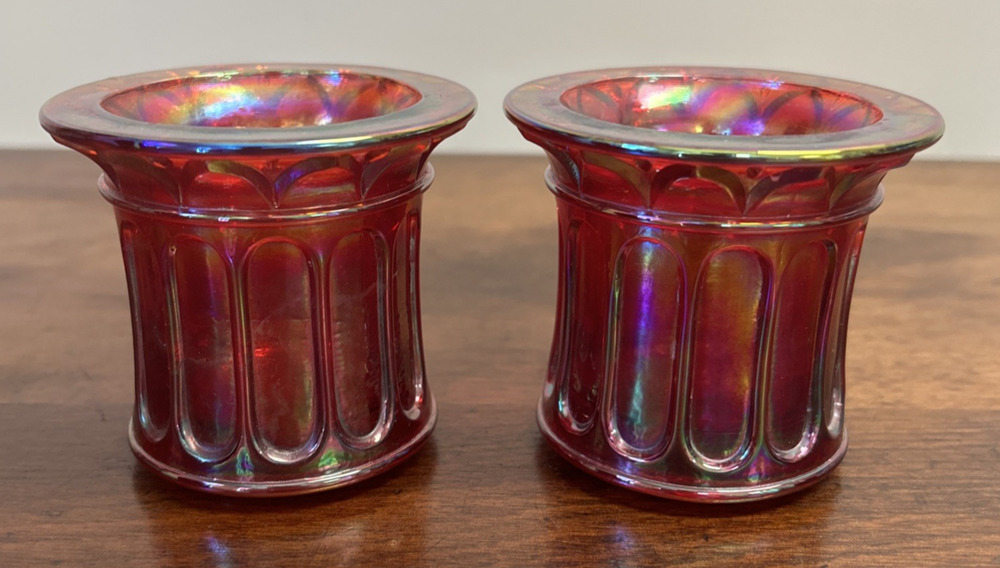 Pair 2 Fenton Red Iridescent Carnival Glass Candle Votive Candle Holders 2.75"